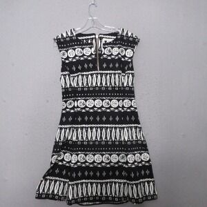 Veronica Beard Dress 10 Black White Tribal Flounce Woodblock Print Mini‎ A Line